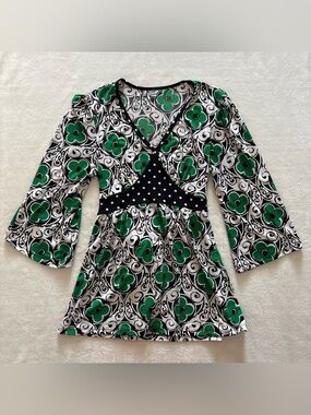 Y2K Saint Tropez West Green White Black Geometric Polka Dot 3/4 Sleeve Blouse